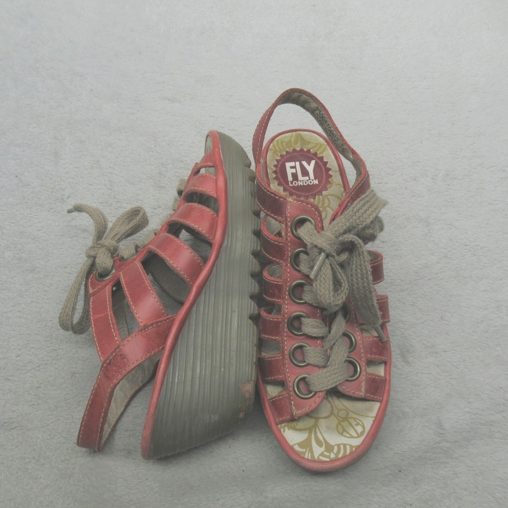 Fly London Womens 5.5 Yito Sandals Red Leather Wedge Lace Up Slingback EU36
